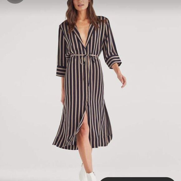 7 For All Mankind Large Striped Midi Dress MIDNIGHT NAVY/GOLD/WHITE STRIPES NWT - Picture 2 of 9
